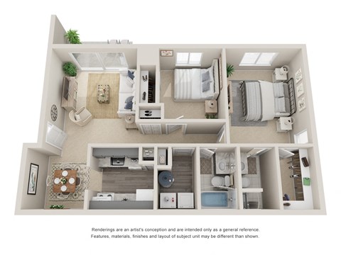 Two bedroom, two bathroom three dimensional floor plan.
